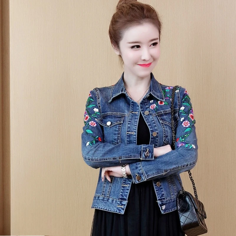 

Women's Short Embroidered Denim Jacket 2025 Spring Autumn Korean Style Slim Fit Stretchy Casual Denim Coat