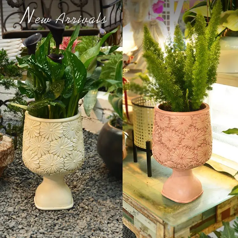European Resin High-Foot Flower Pot for Balcony, Elegant Wine Glass Planter for Villa, Floral Container for Garden Home Decor