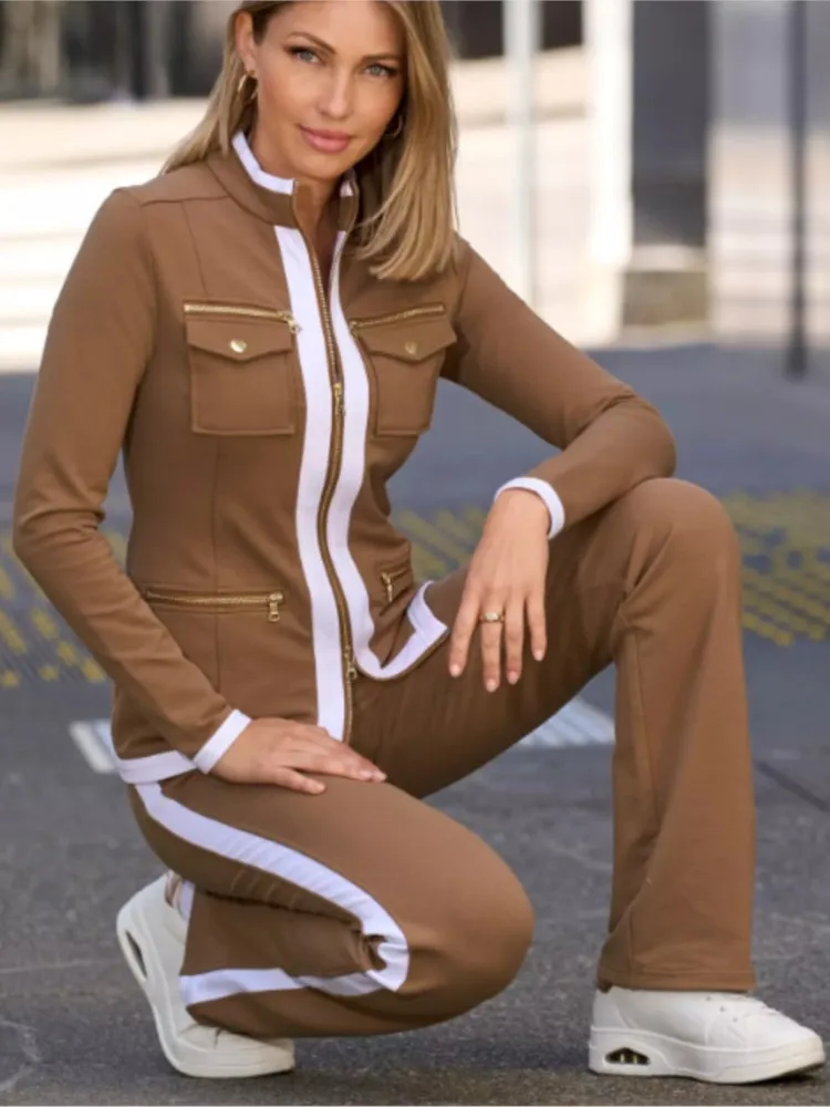 Herfst en winter nieuwe mode effen kleur casual tweedelige sets elegante vrouwen slanke eenvoudige rits top rechte joggingbroek pak