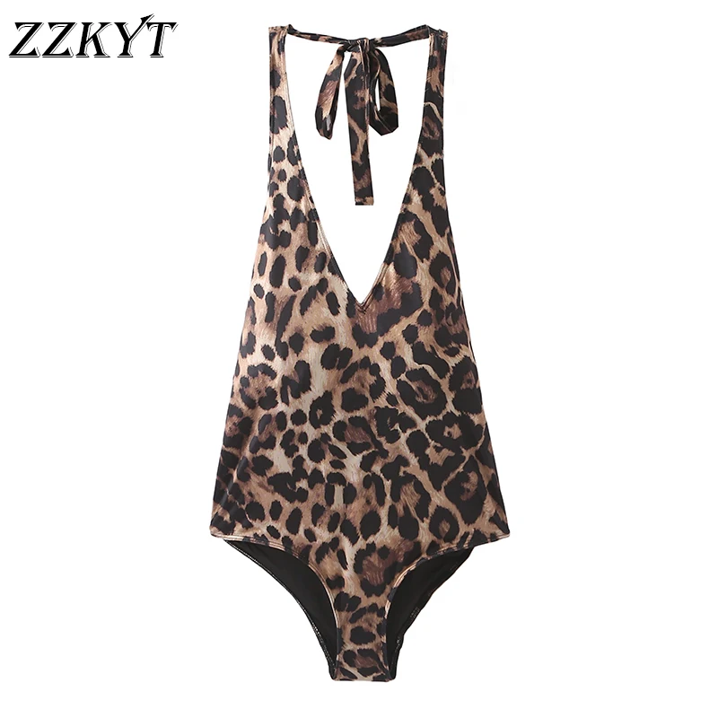 

New Women Summer Fashion Sexy Leopard Print Bodysuits Vintage V Nexy Sleeveless Backless Female Playsuits Casual Tops Vestidos