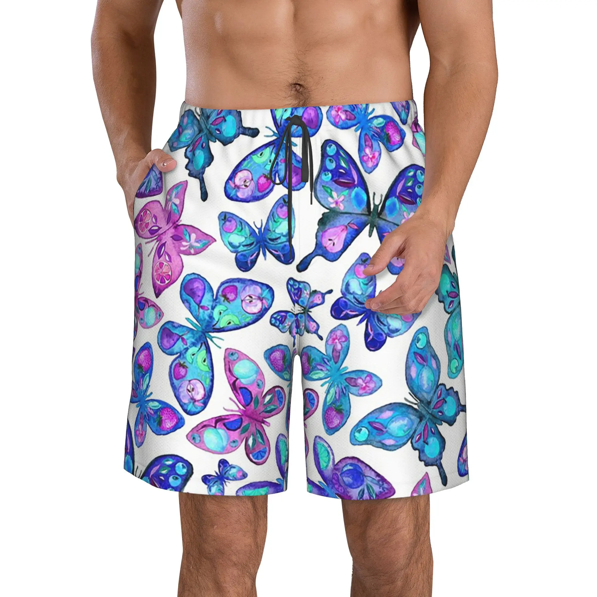 Colorful Butterfly Watercolor Painting Art Trunks Beach Board Shorts Casual Quick Dry Swim Summer Men Pants