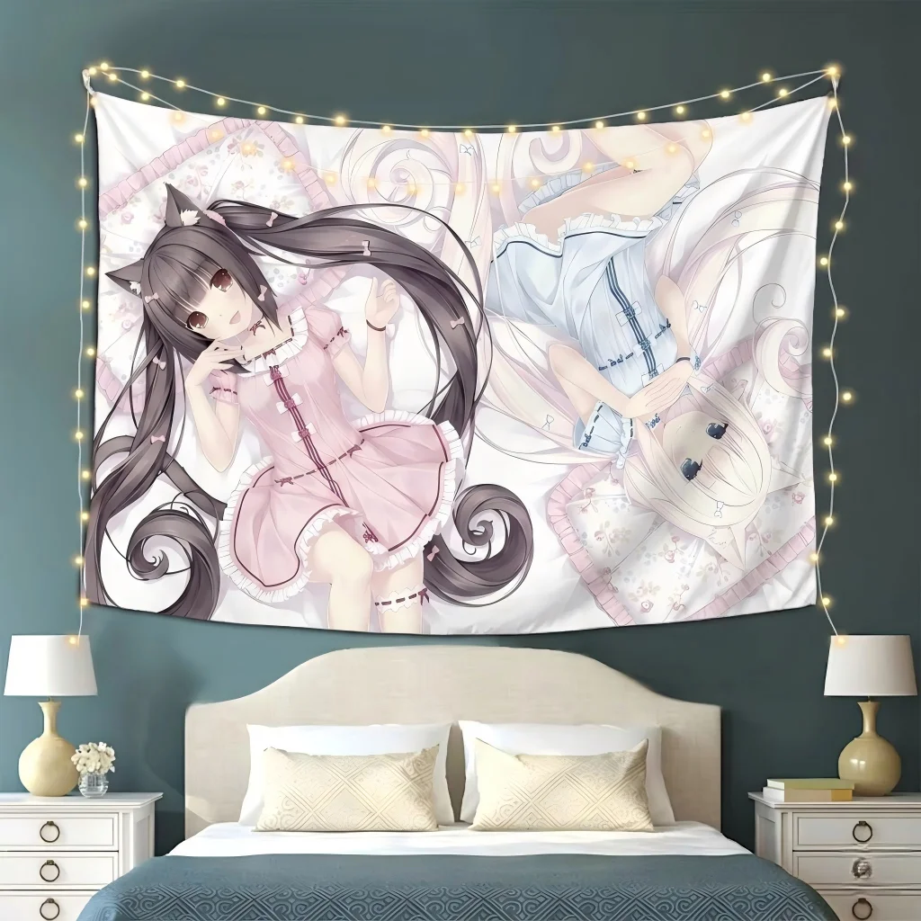 1pc N-Nekopara Chocola Vanilla Pajama Tapestry Twin Cat Girls Floral Bed Print Wall Hanging Kawaii Decor Bedroom Dorm Otaku Fans