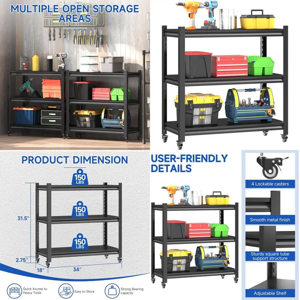 

3-Tier Heavy-Duty Garage Storage Shelf with Casters, Suitable for Home, Pantry, Kitchen, Warehouse, Bathroom, and Laundry - Blac