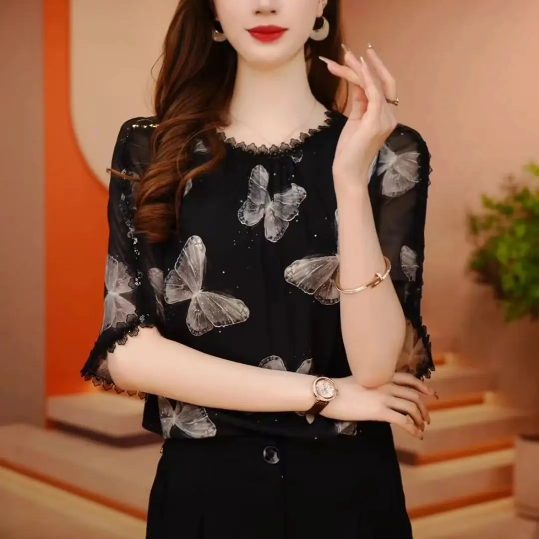 2025 New Summer Style Round Neck Fashionable Chiffon Shirt Versatile Slim Fit Casual Temperament Printed Chic Versatile Shirt