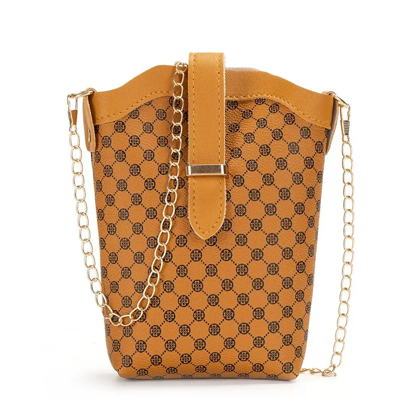 New Fashion Plaid Polka Dot Print Single Shoulder Bag Casual Oblique Chain Crossbody Mini Small Bucket Bag