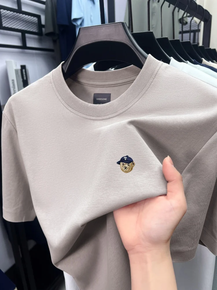 High end solid color short sleeve T-shirt ice silk cotton breathable fashion brand bear print summer new men's round neck top