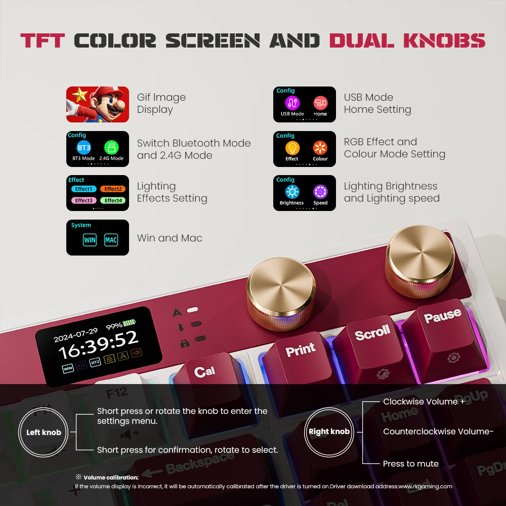 ROYAL KLUDGE RK M87 Wireless Mechanical Keyboard 87% Hot-Swappable RGB Bluetooth/2.4G/USB-C Gamer Keyboard with TFT Color Screen