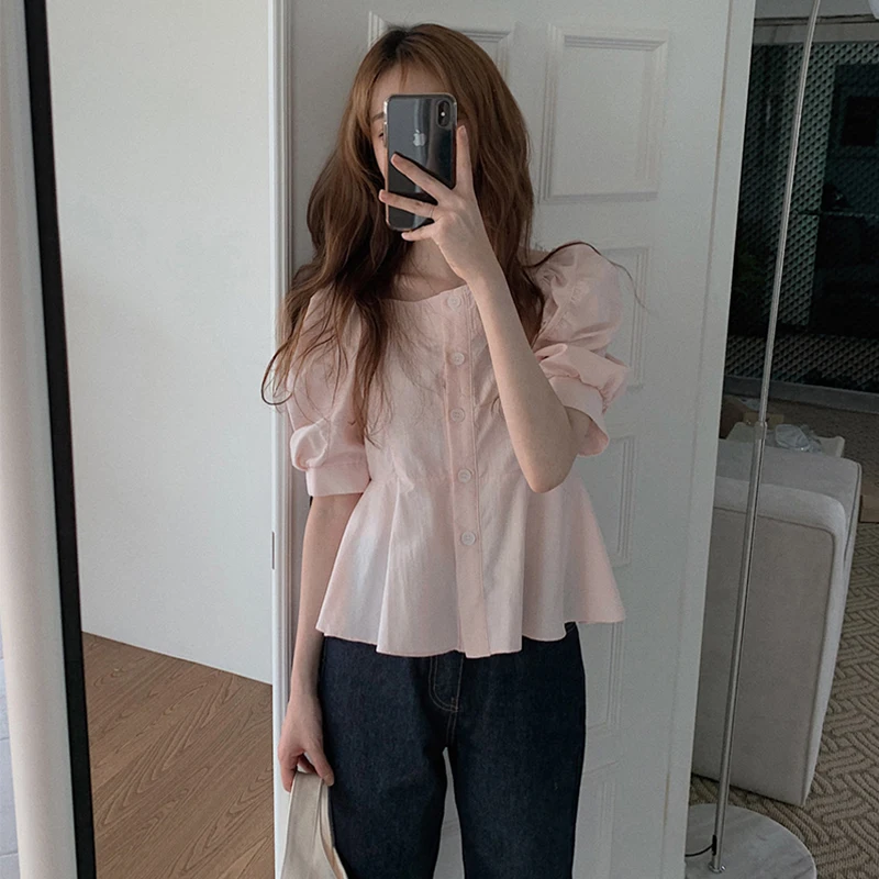 MEXZT Sweet Shirts Women Korean Ruffles Puff Sleeve Blouses Office Lady Vintage Elegant Summer Square Collar Chic Casual Tops