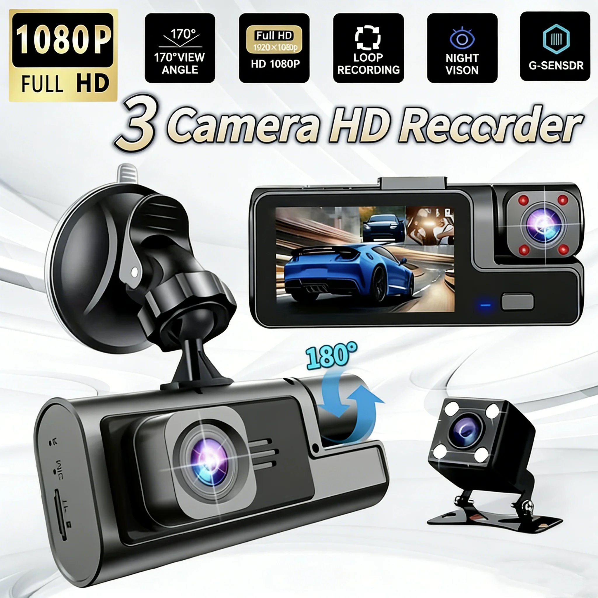 3-lens dash cam with high-definition 1080P, night vision, front, interior and rear recording, mobile phone connection, no card r