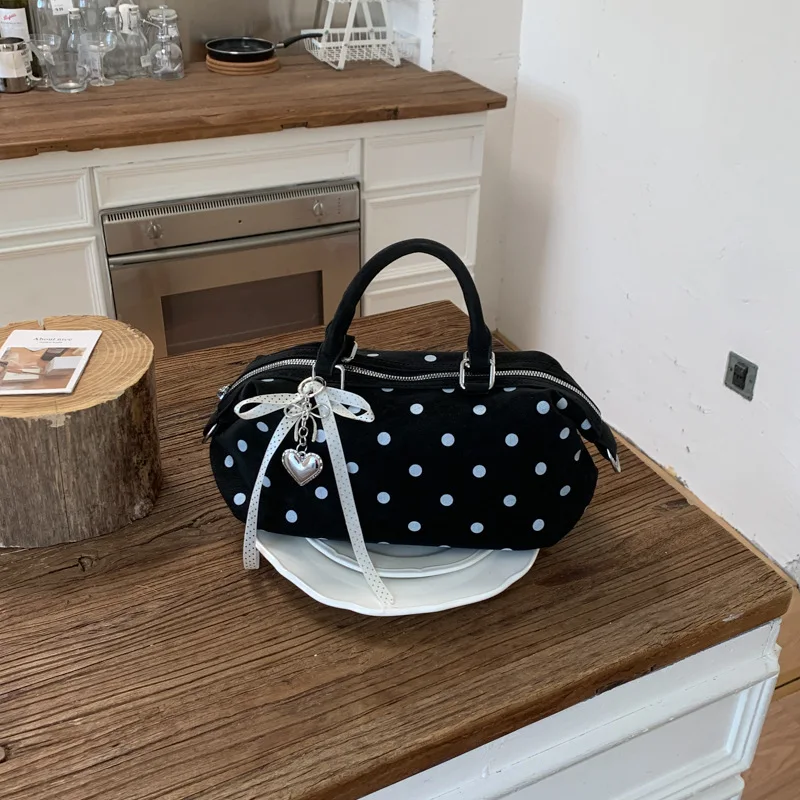 

Korean Polka Dot Design Bow Crossbody Bag Large Capacity Canvas Pillow Shoulder Bag Casual Simple Versatile Commuting Bag New
