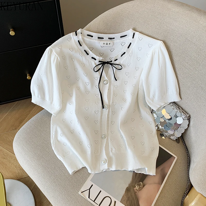

Summer Bowtie Hollow Ice Silk Knitted Cardigan Women Stylish Chic Thin Short Sleeve Sweater T-shirt Ladies Tops Knitwear Jumpers