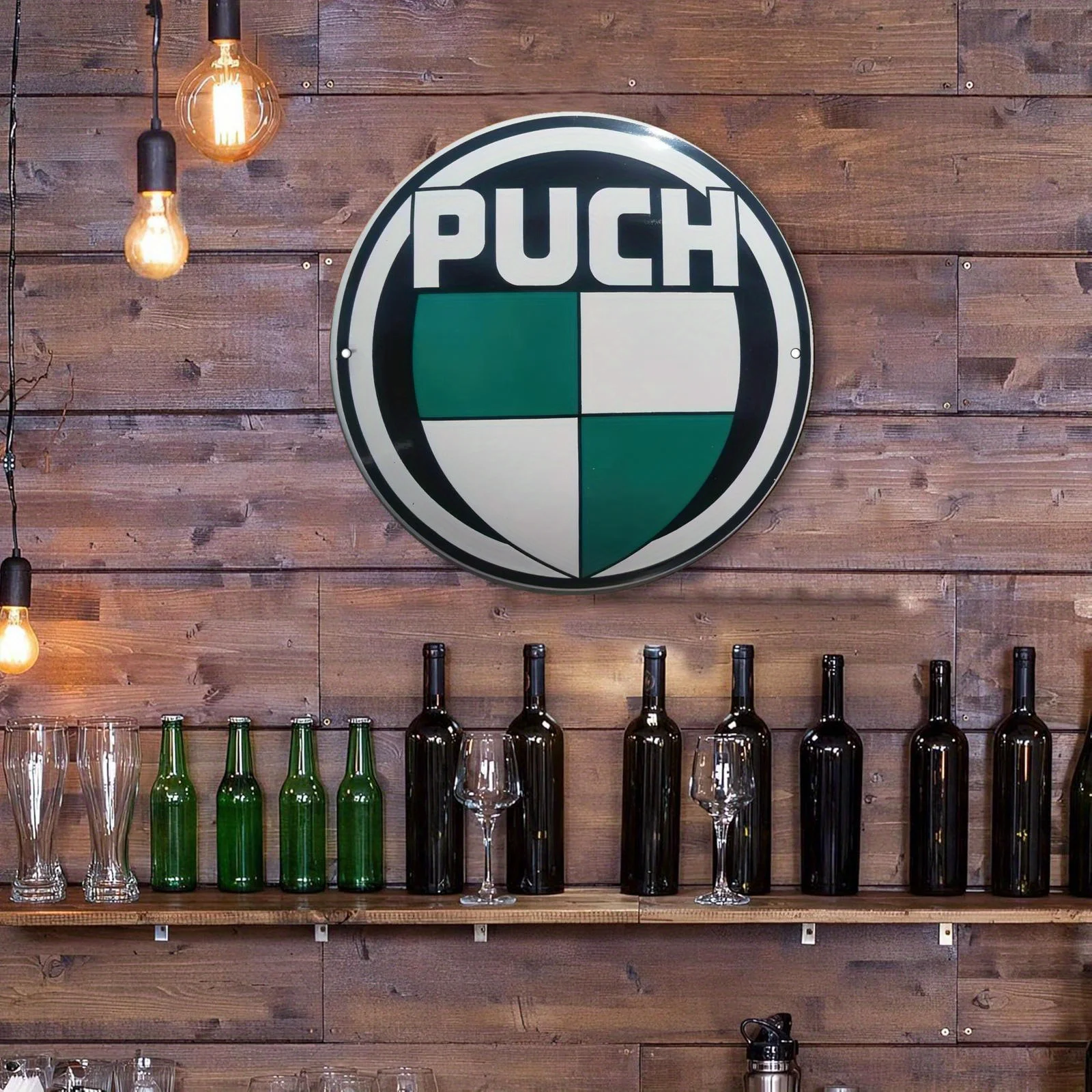 لافتة فنية جدارية معدنية من الألومنيوم مسطحة ثنائية الأبعاد - لوحة شعار دائرية قديمة مع خطوط خضراء وبيضاء، 20 × 20 سم / 7.87 بوصة، Wa #5