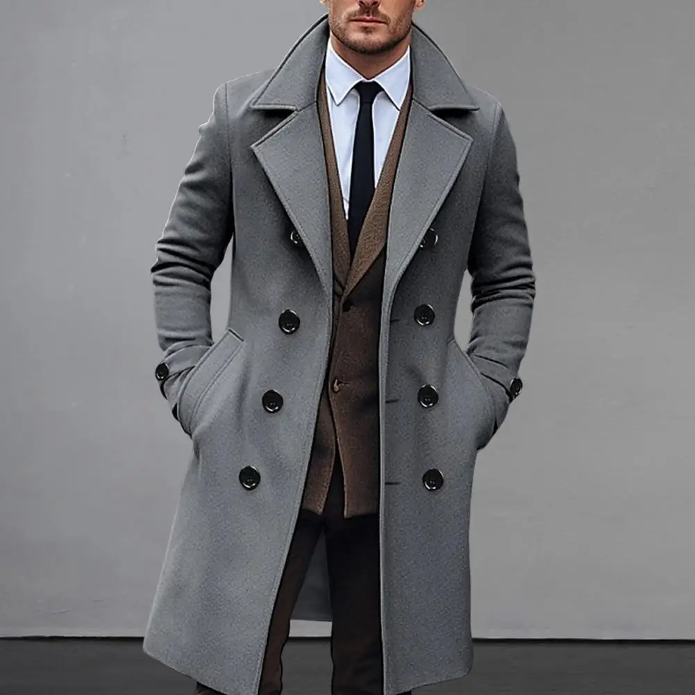 Slim Fit Woolen Coat Men's Double Breasted Long Woolen Coat with Lapel Pockets Solid Color Mid-length Outwear for Winter Warmth