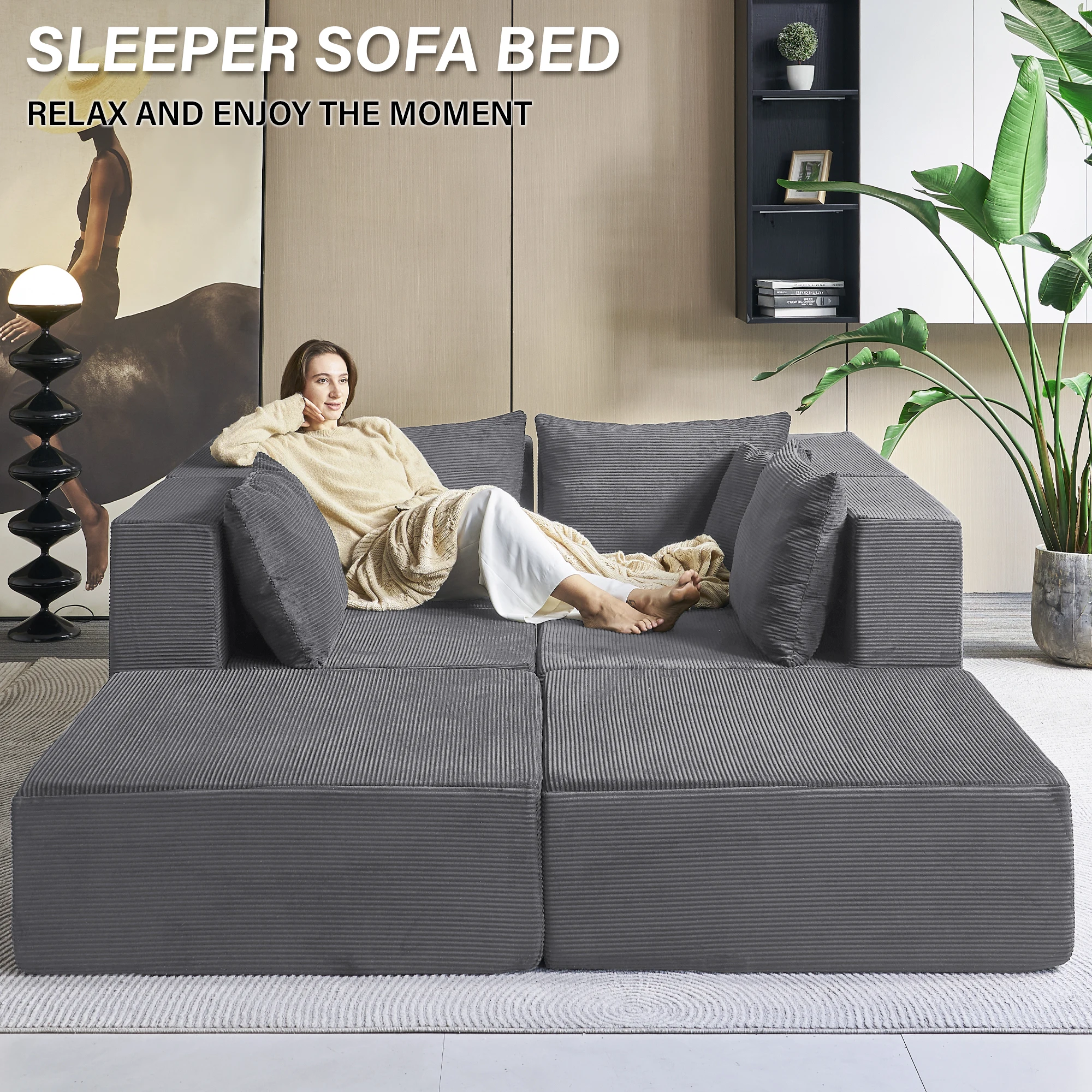 140インチ モジュール式セクショナルソファ カウチ コーデュロイ スリーパー ディープシート ソファベッド、リビングルームフロアソファ用快適クラウドカウチ、6ピース F