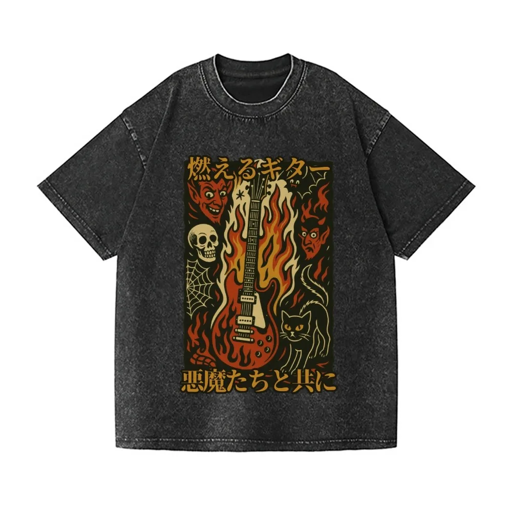 

Модные летние футболки на Хэллоуин, винтажная футболка с пламенным гитарой и черепом, японский дизайн, футболка 2025 года, Kpop, одежда, корейские готические топы
