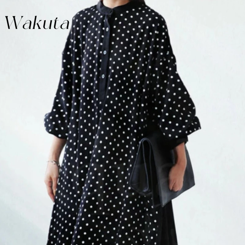 WAKUTA Autumn Japanese Style Simple Refreshing Long-sleeved Vestidos Color Collision Splicing Polka Dot Pattern Dresses Female