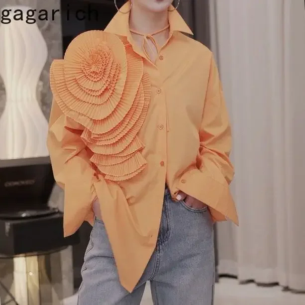 Gagarich Pleated Three-dimensional Large Flower Long Sleeved Shirt Women 2024 Light Luxury Fashion Unique Stunning Street Blouse