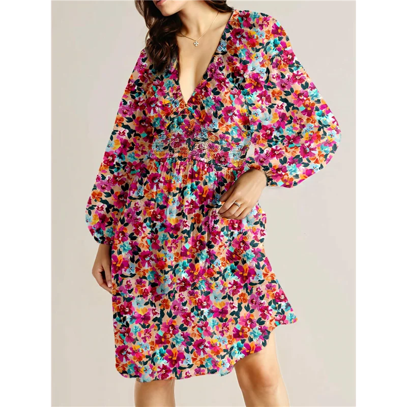 CGS-Donna Autunno Boho Floreale Scollo a V Manica lunga Smocked Elastico in vita Casual A-Line Mini abito prendisole