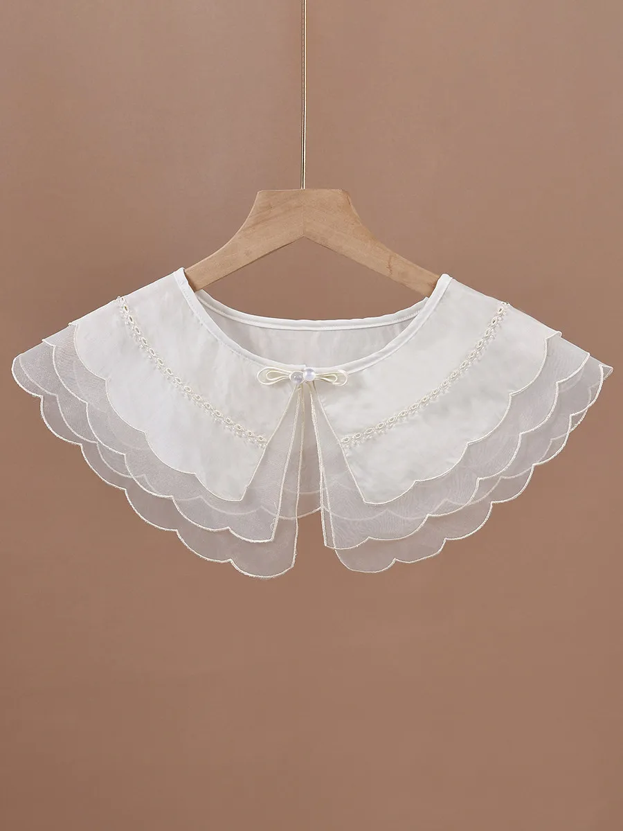 Light Layered Sheer Fake Collar Women Scalloped Lace Bow Pearl Detachable Spring Summer Versatile Shawl Plus Size Light Apricot