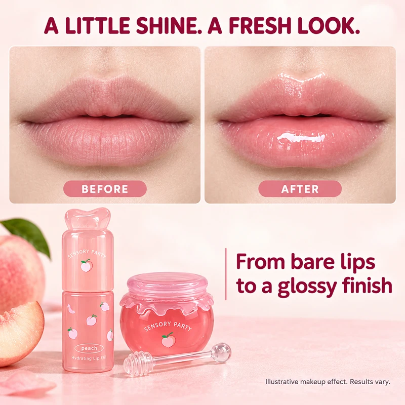 SENSORY PARTY 2Pcs Lip Gloss Set Hydrating Lip Oil + Jelly Lip Mask Fruity Moisturizing Glossy Plumping Lip Care Gift Glass Lips