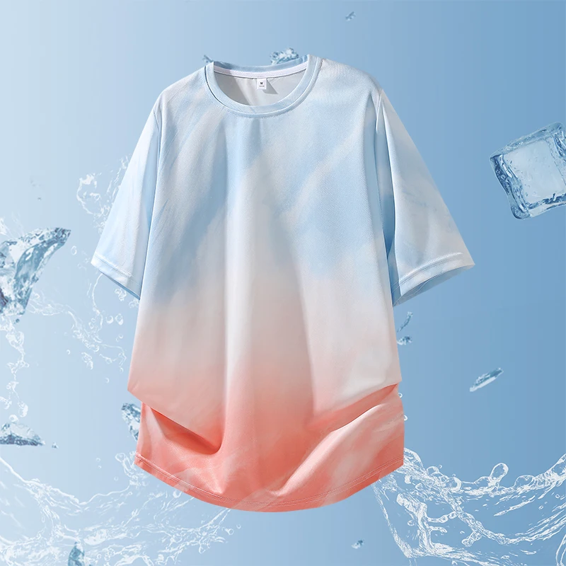 2026 Casual Ice Silk Gradient Short Sleeve T-Shirt Quick Dry Breathable Simple Fashion Sports Top for Running