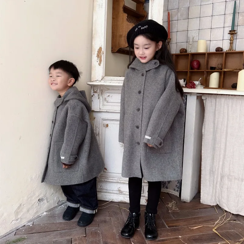 Iins Handmade Grey Woolen Jacket for Kids Double-Sided Cashmere Quality 100% Wool Coat Boys And Girls Boutique Clothes