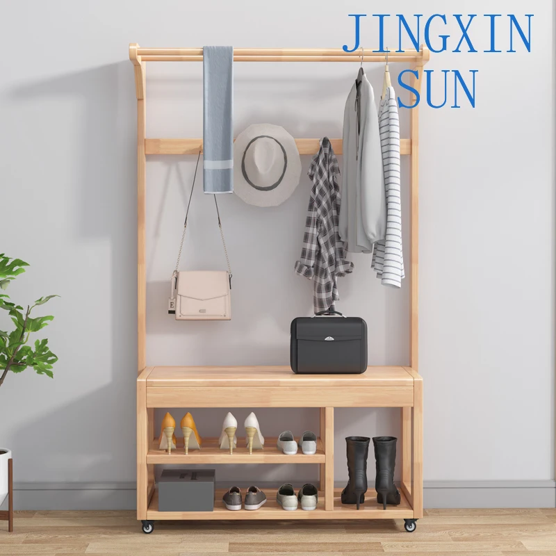 New Design Wood Shoes Changing Stool With Hanging Clothes Livingroom Furniture Shoe Coat Racks