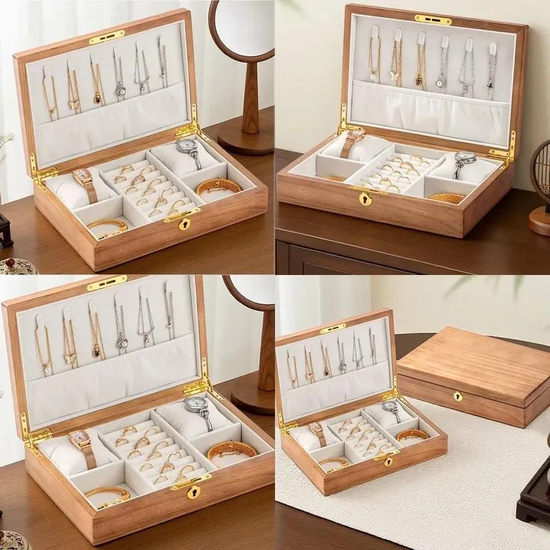 Solid Wood Lockable Jewelry Box Storage for Rings Necklaces Watches Bracelets High Quality Wooden Organizer Case