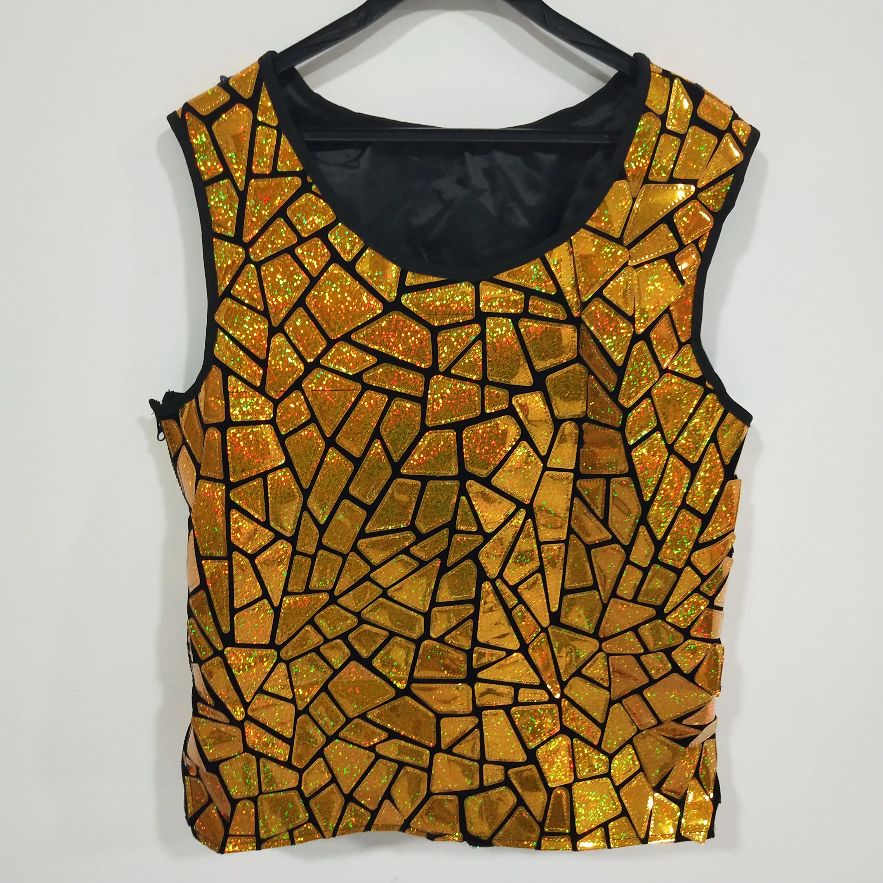 

Laser Mirror surface Vest Sequins Yellow Nightclub Male Carnival Party Show Performance Clothes Sleeveless Tops Bar Dancer Wear