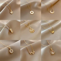 MEYRROYU 2022 New Geometry Moon Gold Color Stainless Steel Necklaces For Women Fashion Female Pendant Clavicle Chain Jewelry