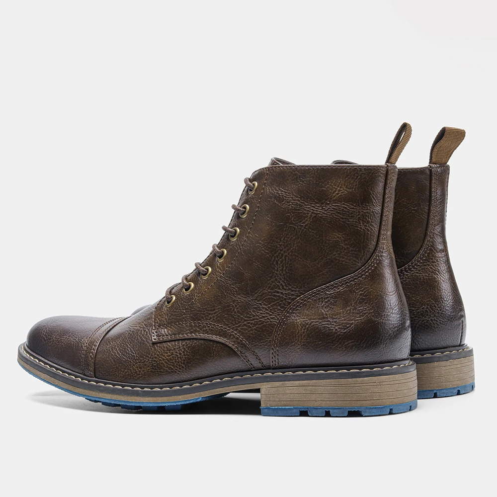 Men's Vintage Combat Boots Lace-Up Cap Toe Ankle Booties with Pull Tab Non-Slip Sole
