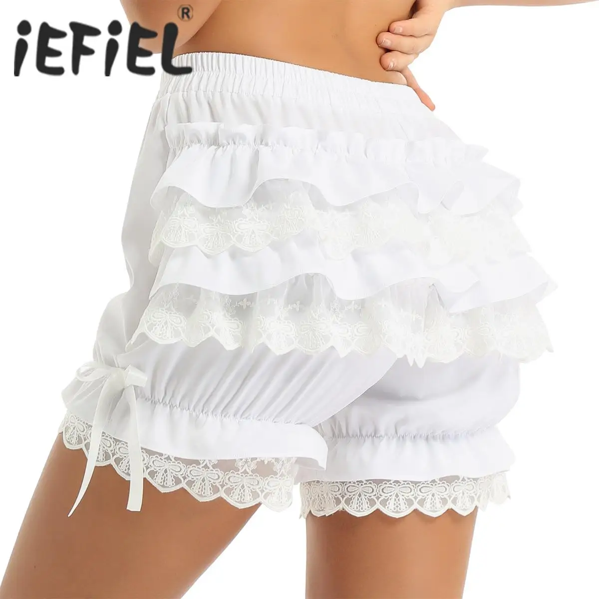 Womens Vintage Victorian Gothic Pantaloons Costume Elastic Waist Layered Ruffle Lace Trim Loose Pumpkin Shorts Bloomers Shorts