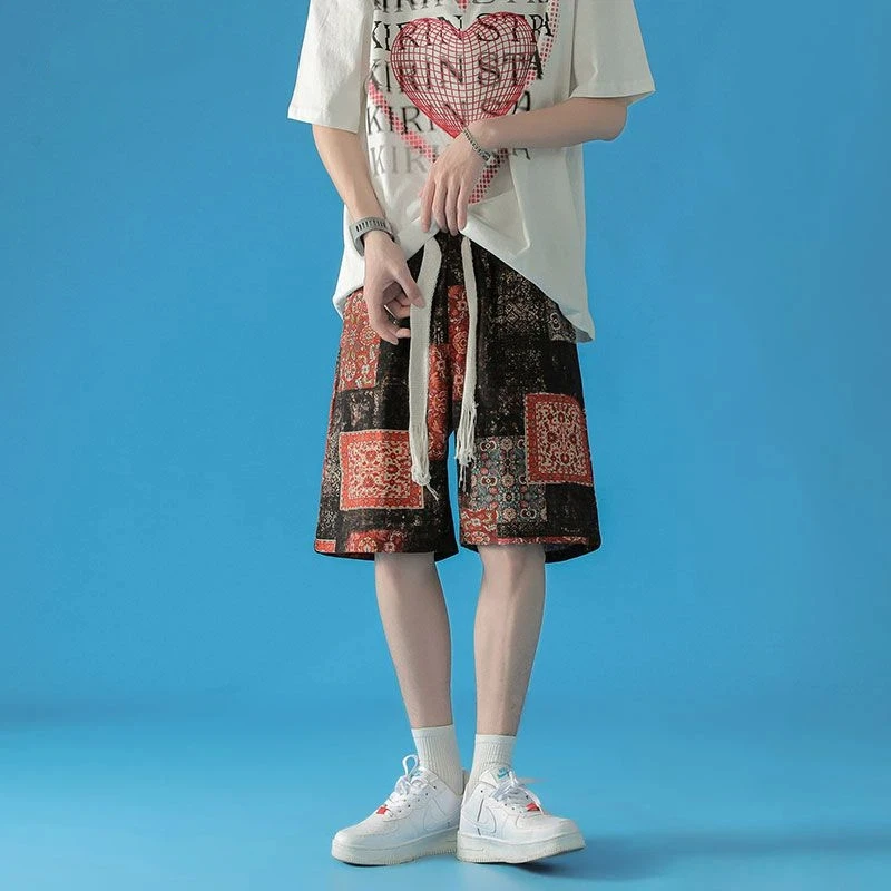 Men's Vintage Floral Print Shorts Cotton Loose Fit Straight Leg Chinese Style Beach Knee Length Streetwear Shorts