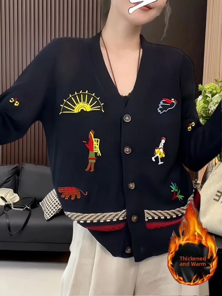 

Теплый вязаный кардиган с V-образным вырезом и мультяшной вышивкой для женщин, осенне-зимняя повседневная верхняя одежда