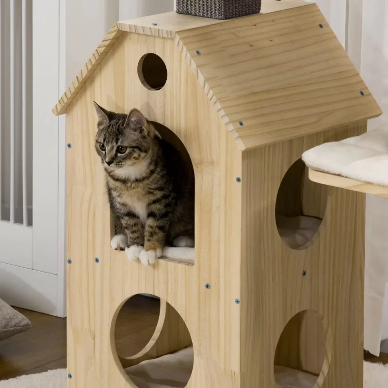 Double-Layer Cushioned House Small Cat Tower Indoor Cat Tree with Scratching Posts & Wheel