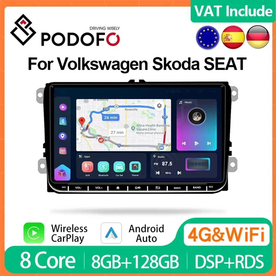 Podofo Carplay 4G Android Auto Radio for Volkswagen VW Passat B6 B7 CC Tiguan Touran GOLF POLO Car Multimedia GPS 2din Autoradio