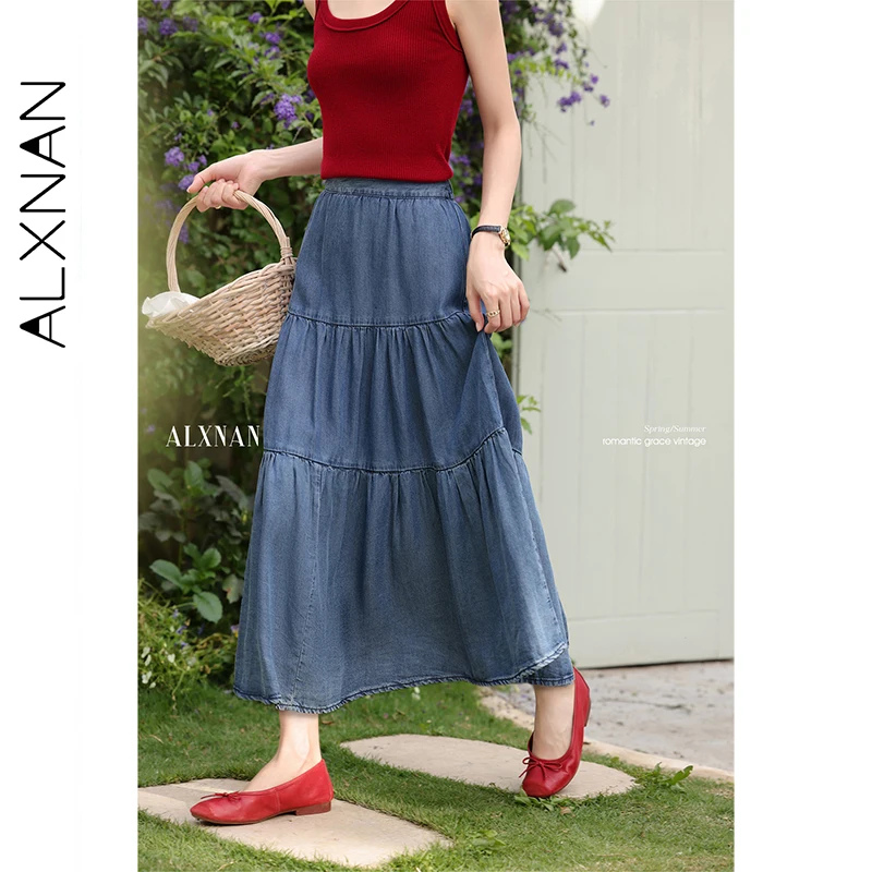 ALXNAN Blue Denim Skirt Elegant High-waist A-line Lyocell Holiday Women's Long Skirts Casual Loose-fit Ladies Clothing L55770