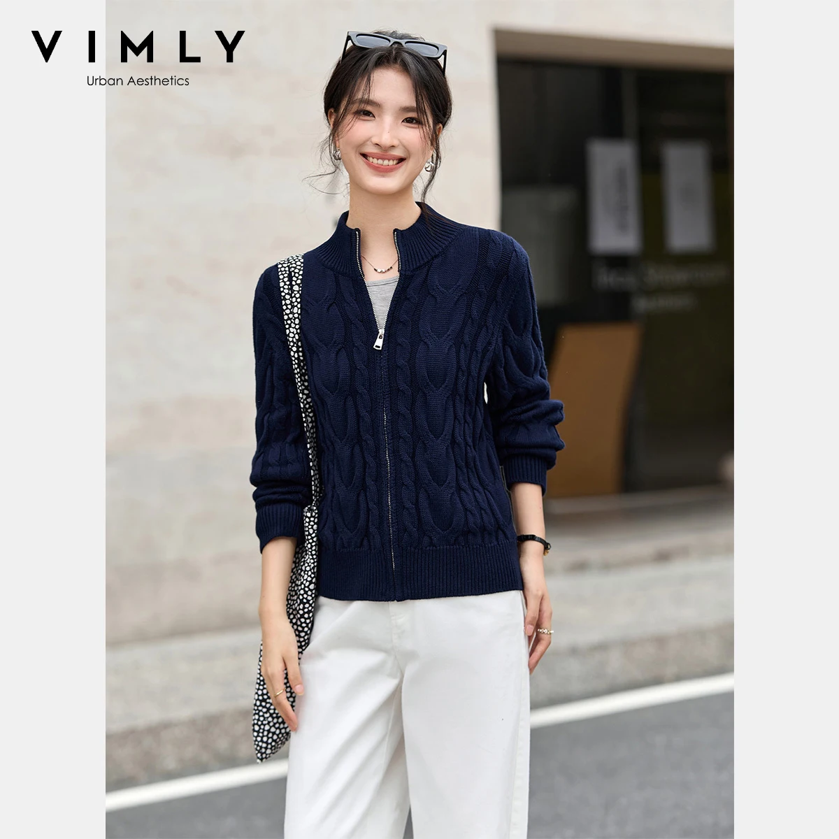 

VIMLY женский осенний кардиган 2025 элегантные топы с длинными рукавами вязаные женские свитера на молнии повседневные свободные женские джемперы 75123
