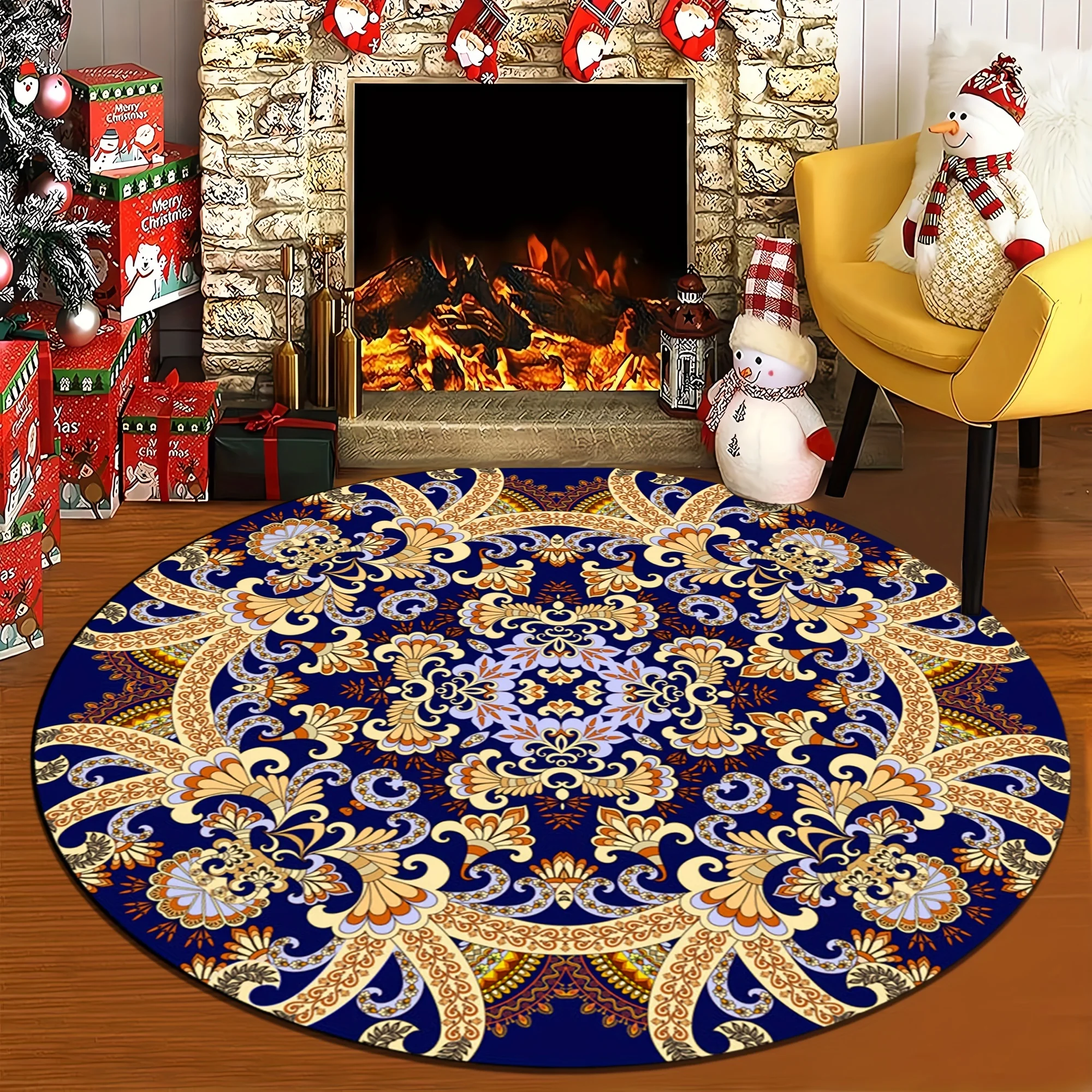 Blue Mandala Pattern Round Rug Flannel Ornate Floral Medallion Floor Mat for Living Room Bedroom Ethnic Bohemian Luxury Home