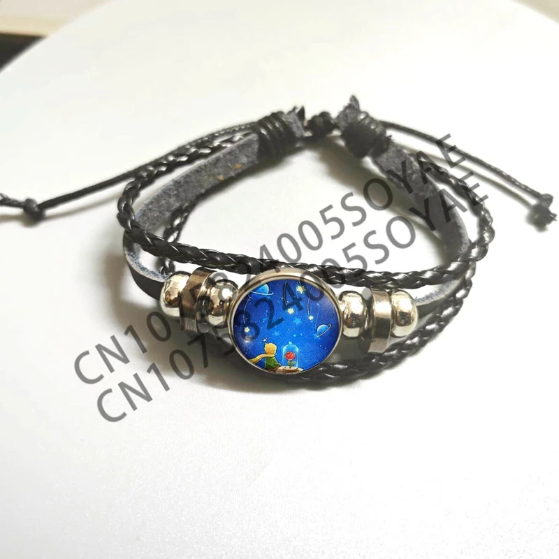 2024 New Arrival Fashion The Little Princes Foxs Fairy Tale Stories Glass Dome Jewelry Handmade Mens Black Leather Bracelets