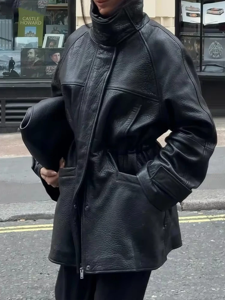 Chaqueta de cuero negro callejero para mujer, abrigo femenino con cuello levantado y manga larga con cremallera en la cintura y bolsillos cerrados, prendas de vestir para mujer 2026