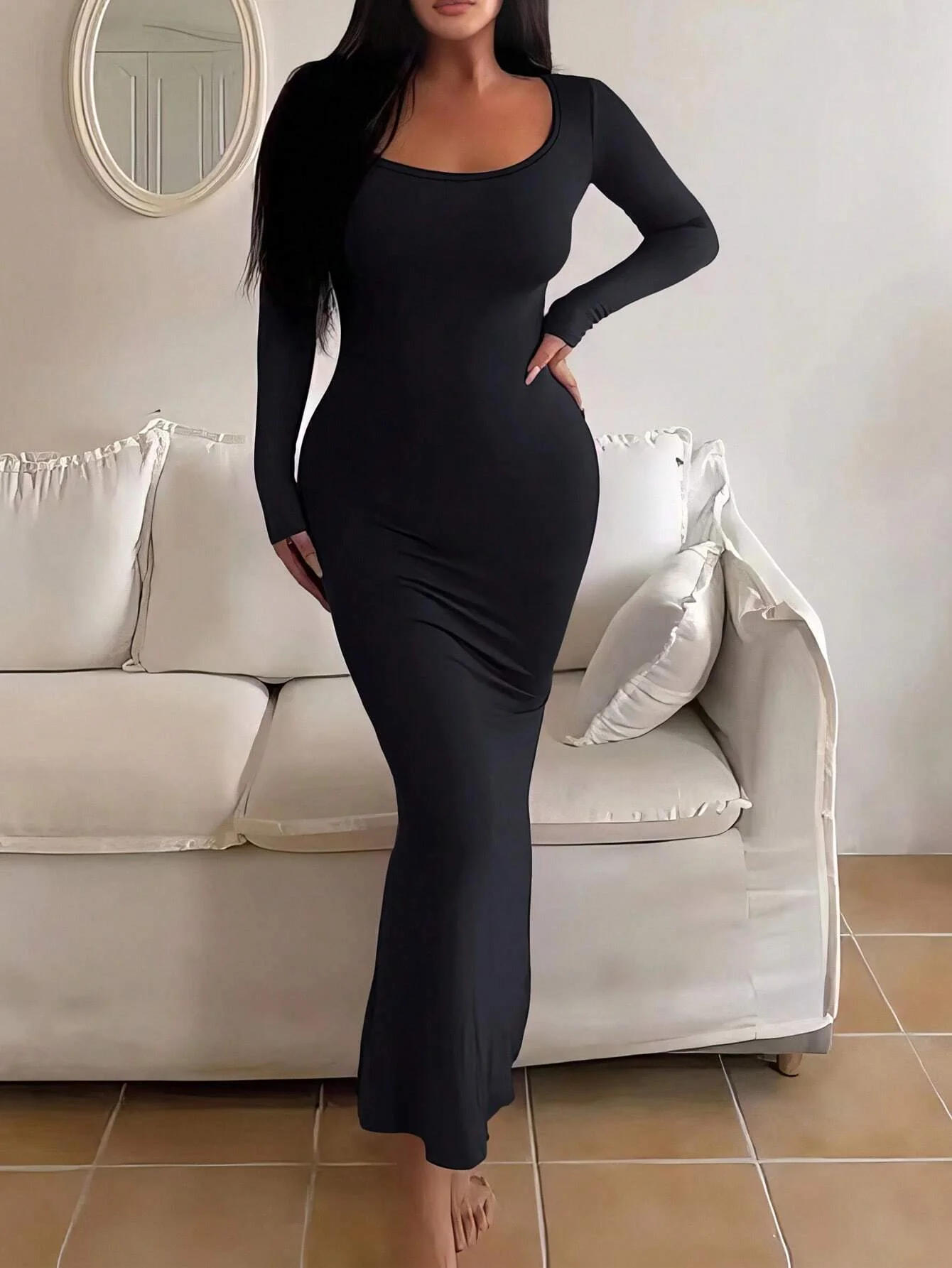 Women's Solid Long Sleeve Bodycon Dress, Chic Basic Minimalist Causual Fashion Scoop Neck Long Dress, Womenswear
