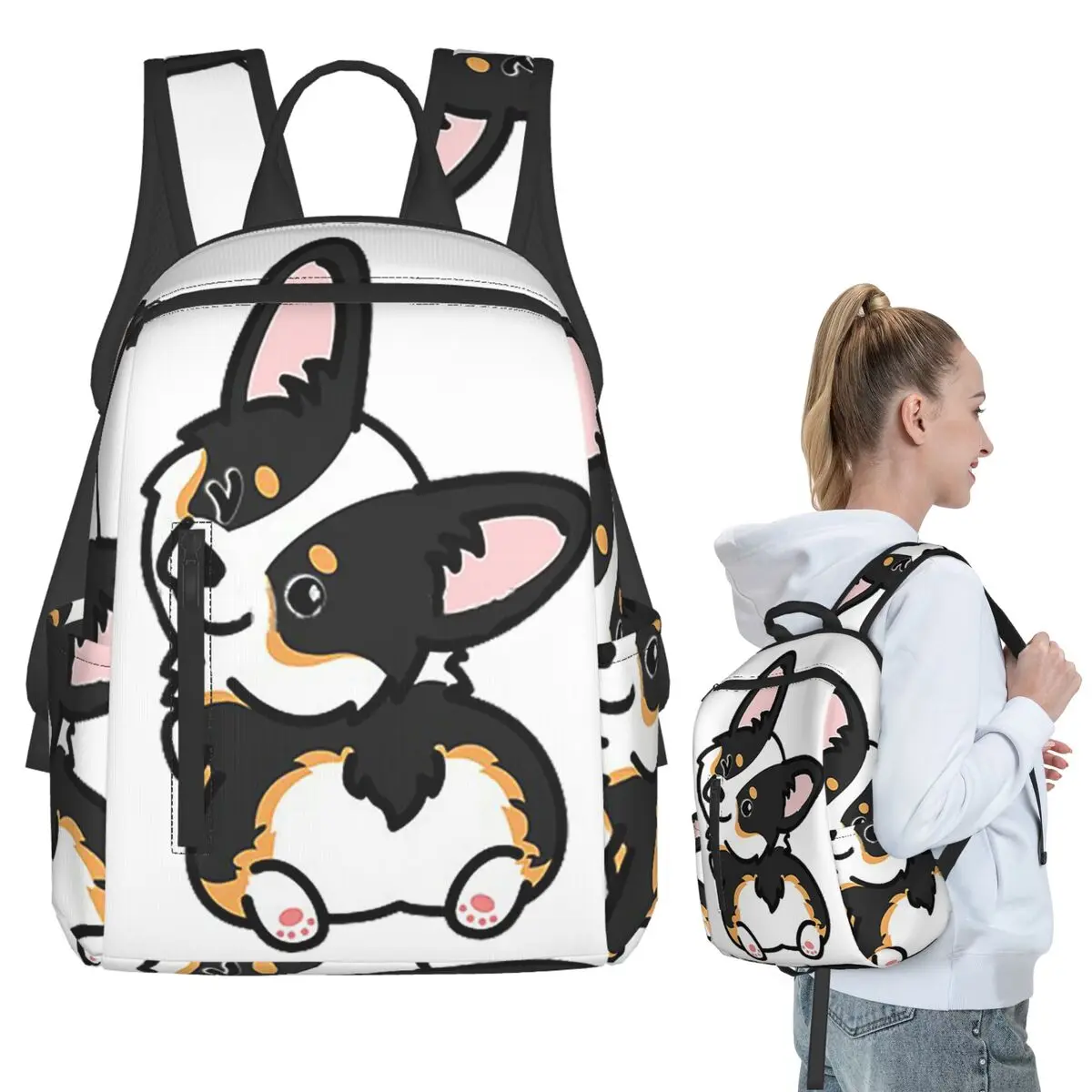 

Черный трехцветный рюкзак корги, студенческая сумка для книг для мальчиков и девочек, детская школьная сумка, компьютерные сумки на плечо для мужчин и женщин