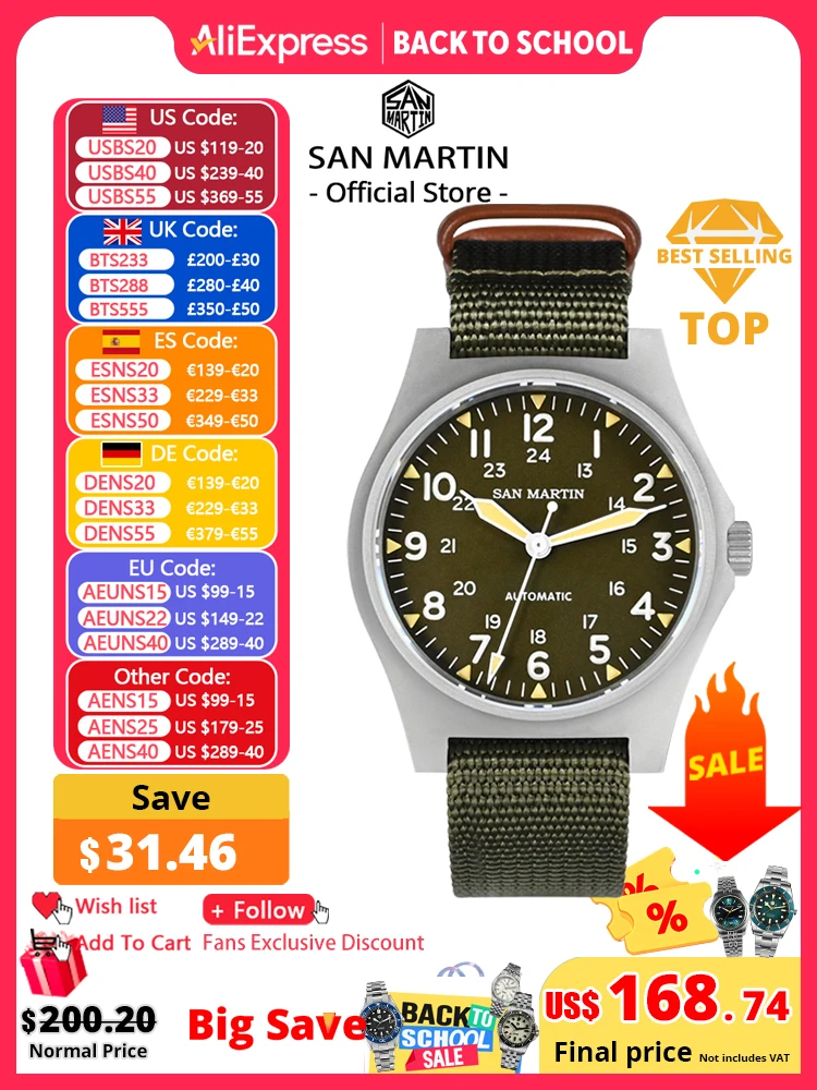 San Martin Pilot Watch 38mm NH35 Retro Military Automatic Mechanical Wristwatch Bead Blasted Case Waterproof 100m SN0137