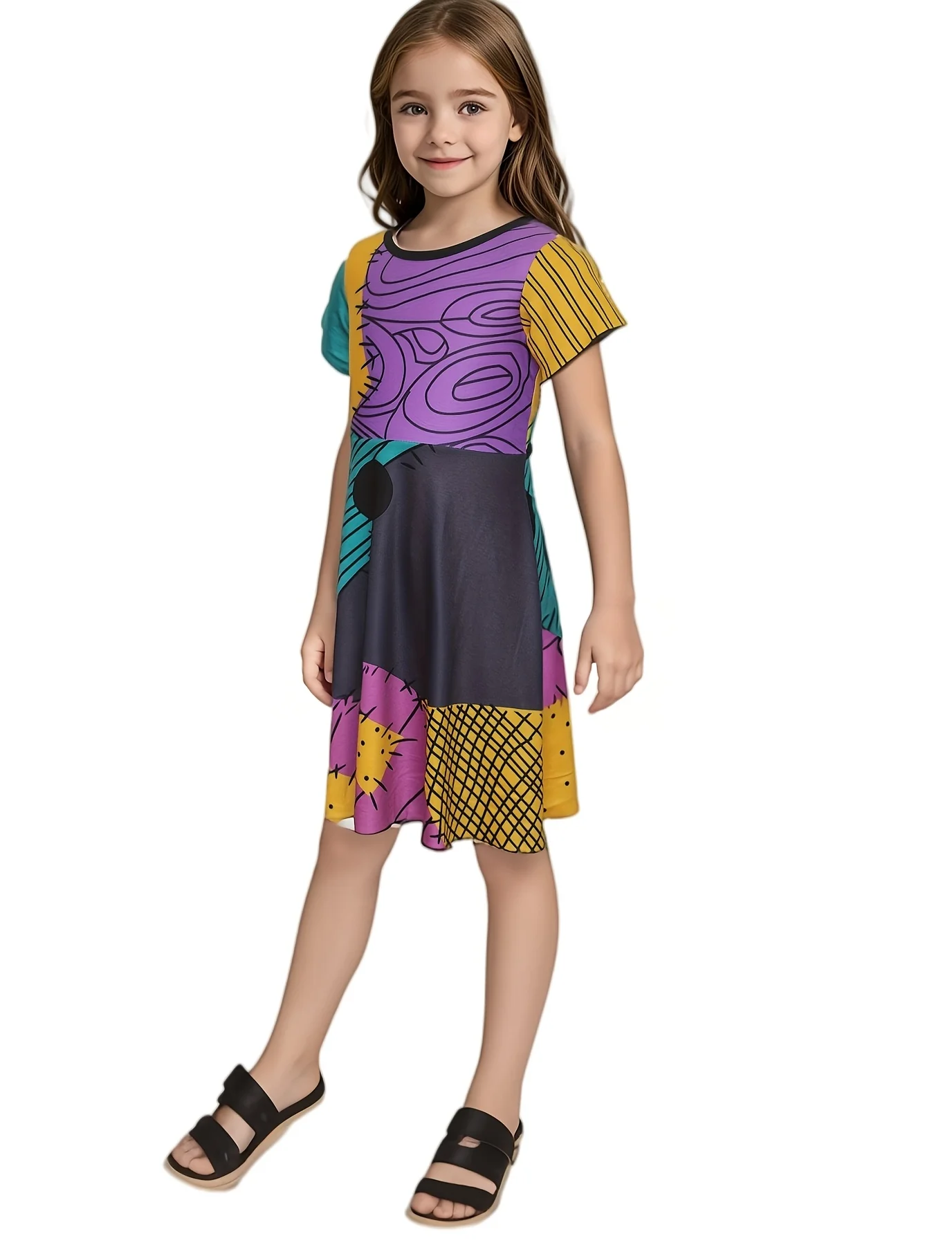 Girls Sally Carnival Dress Softest Colorful Block Costume Dress Up Princess Birthday Party Performance Cosplay Outfit