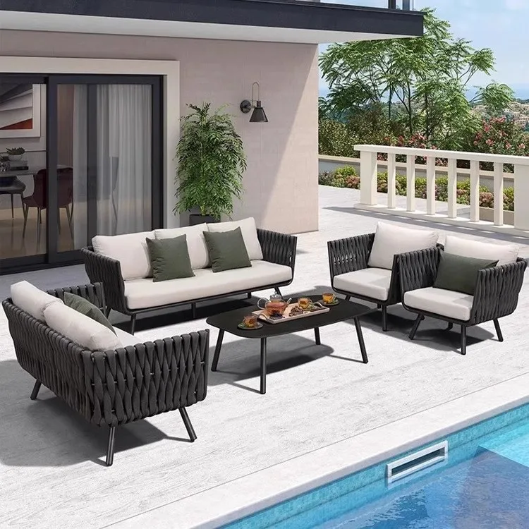 Outdoor sofa courtyard balcony double sofa chair waterproof and sunscreen outdoor leisure rattan sofa coffee table combination