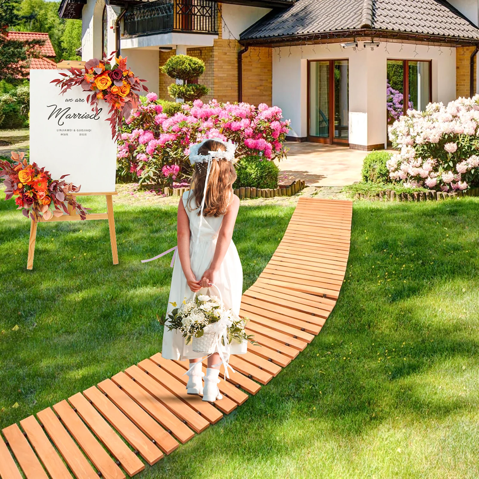 12ft x 45cm Garden Pathway, Wooden Garden Pathway, Outdoor Roll Out Walkway Pathway, Wooden Garden Bridge Walking Passage