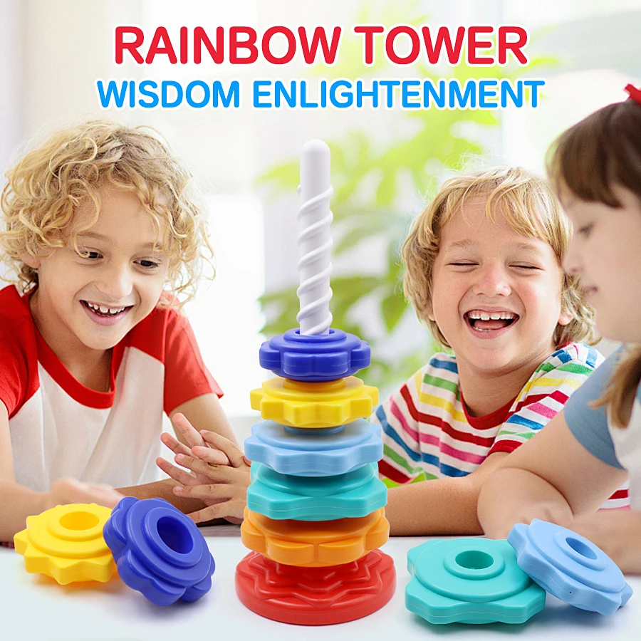 Rainbow colored rotating tower toy - Multi part detachable stacked educational toy - Halloween, early education Christmas gift