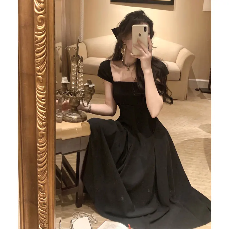 2023 French Elegant Women White Wedding Party Dress Vintage Square Collar Robe Female Sundress Retro Black Evening Dress Vestido