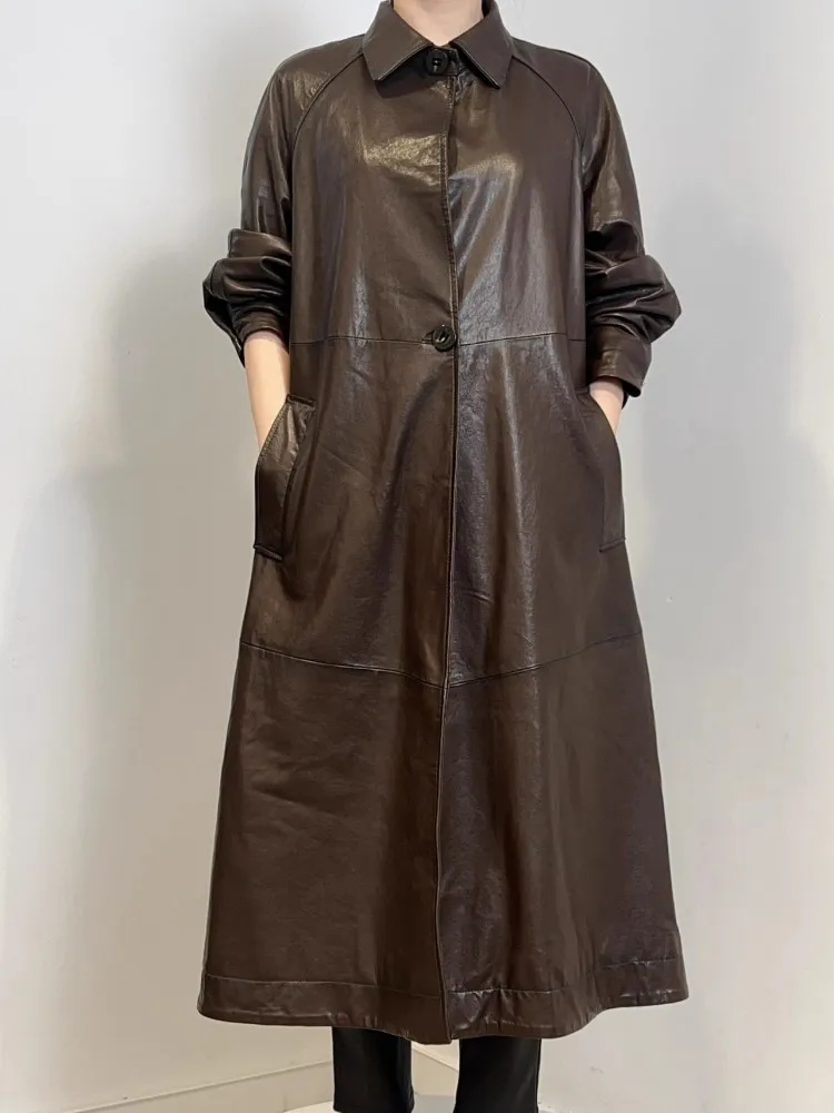 Italian Designer Women Sheepskin Genuine Leather Long Jacket Office Ladies Autumn Work Trench Coat Loose Fit Windbreaker Outwear